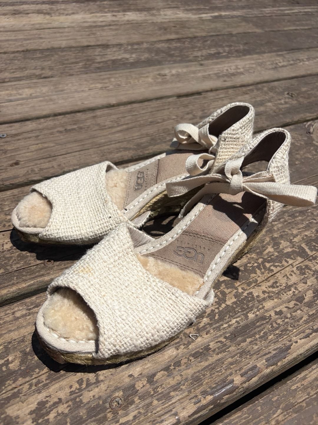 UGG Women’s Canvas Peep-Toe Ankle-Tie Espadrille Wedge Sandals
