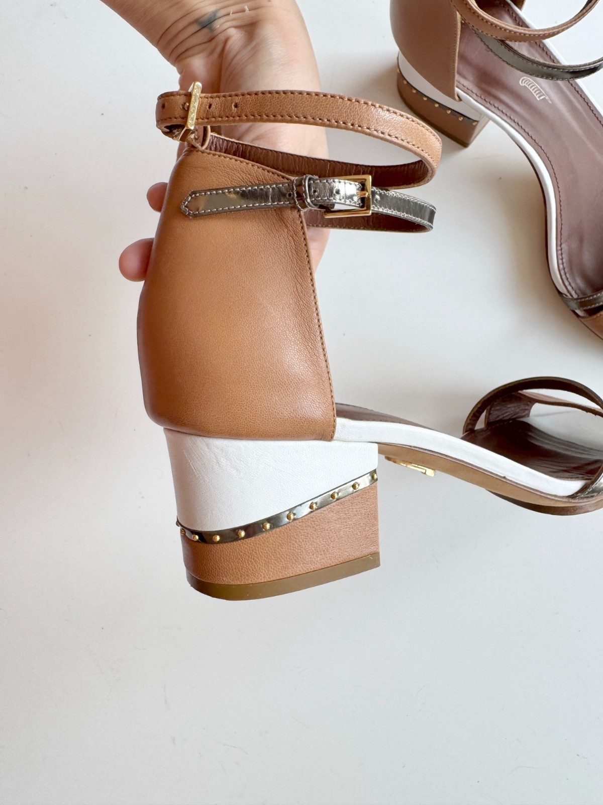 MAIYET Brown White Gold Colorblock Studded Stacked Block Heel Sandals, Size 39