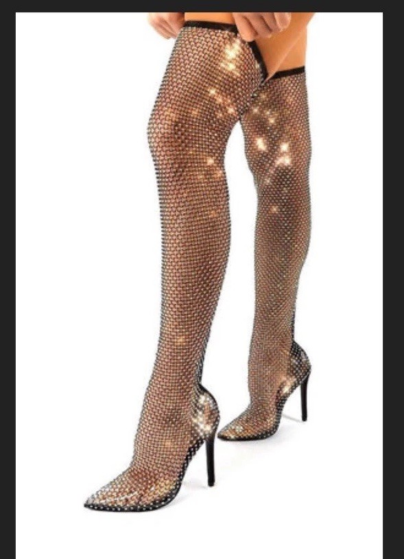 Sz 11 Fashion Nova Knee High Nude Combo Fishnet Boots NIB Dust Bags