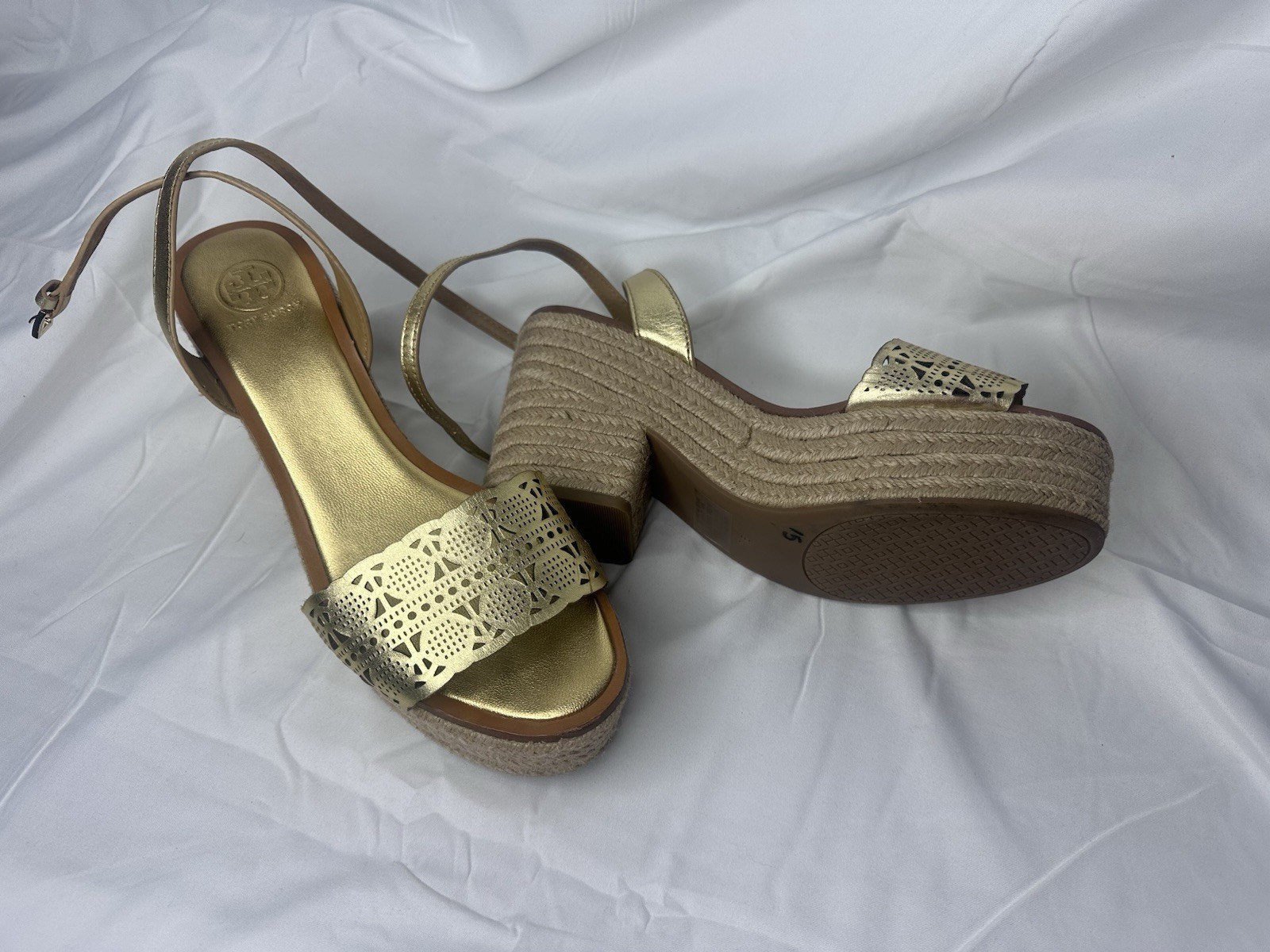 Tory Burch Platform Sandals Wedges Shoes Gold New Former Size 9.5