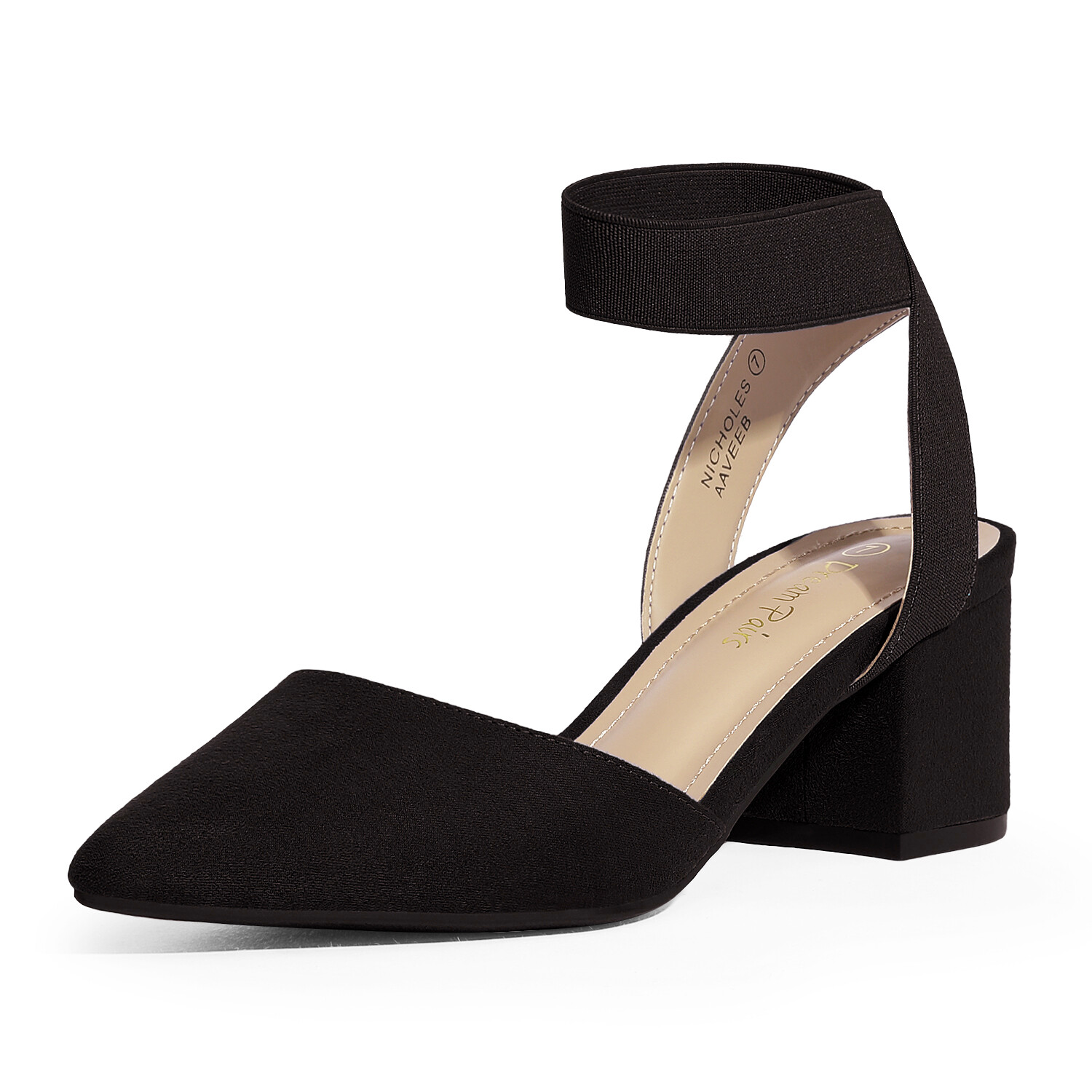 Women Low Chunky Dress Pump Elastic Ankle Strap Pointed Toe Wedding Pump Shoes