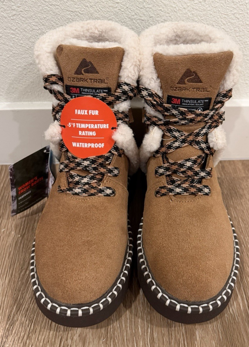 OZARK TRAIL WOMEN SNOW BOOTS NWT 3M THINSULATE WATERFROOF LEATHER CHESTNUT SZ 6