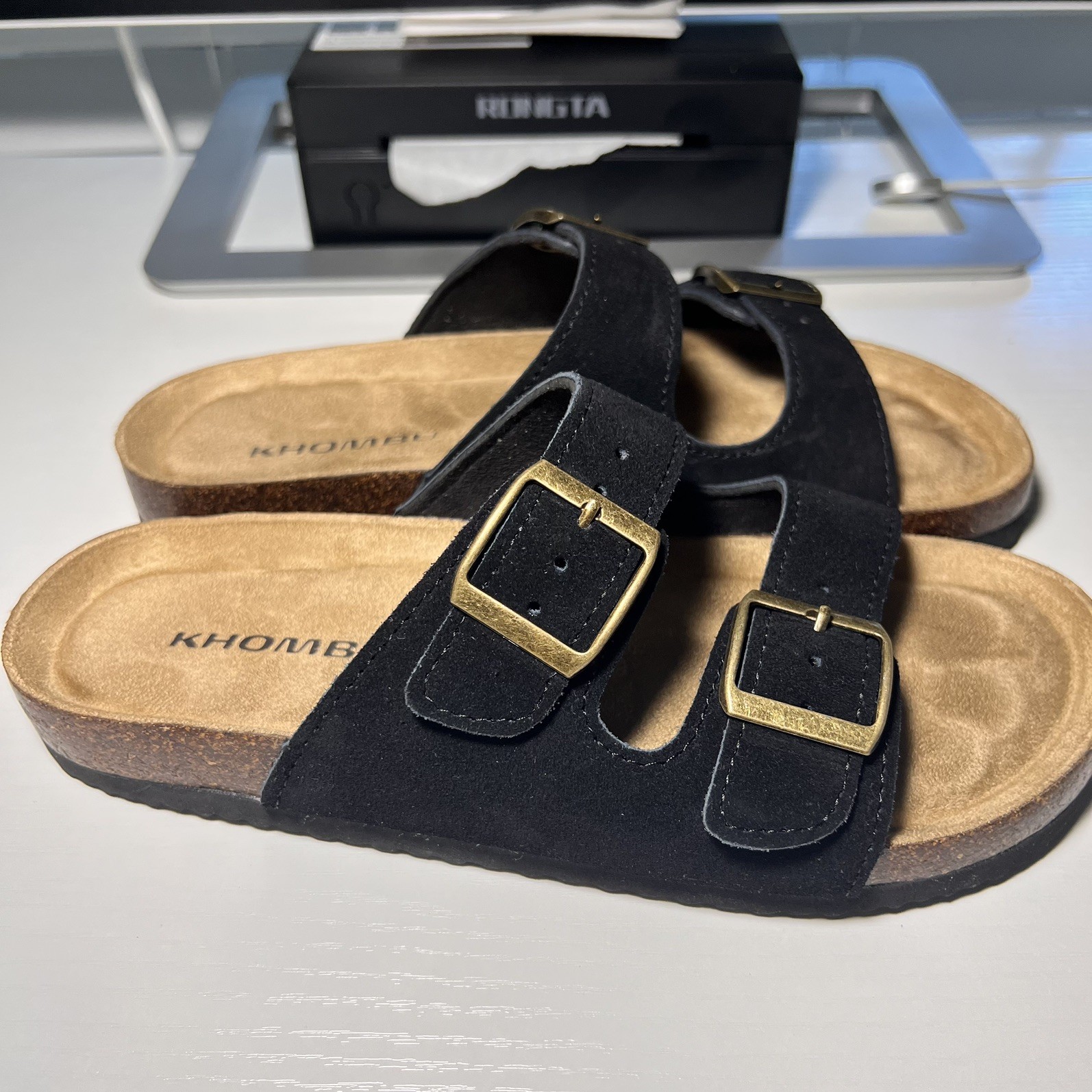 Khombu Slide Sandals Women’s 6 Black Suede Double Buckle Cork Insole 1252-378