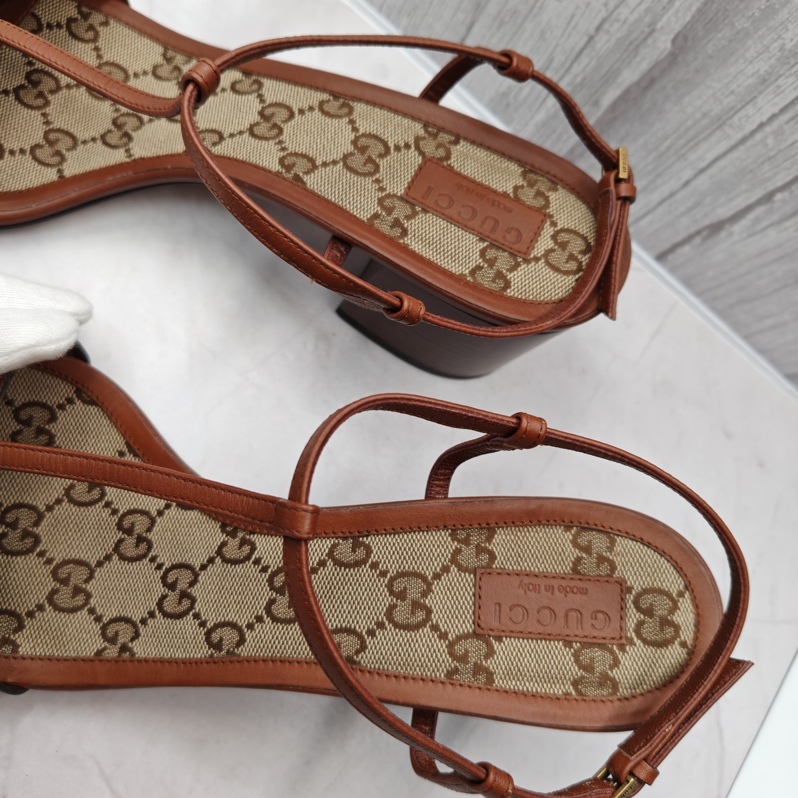 GUCCI Lady Horsebit Leather Block Heel Sandals Brown GG Canvas Ankle Strap…