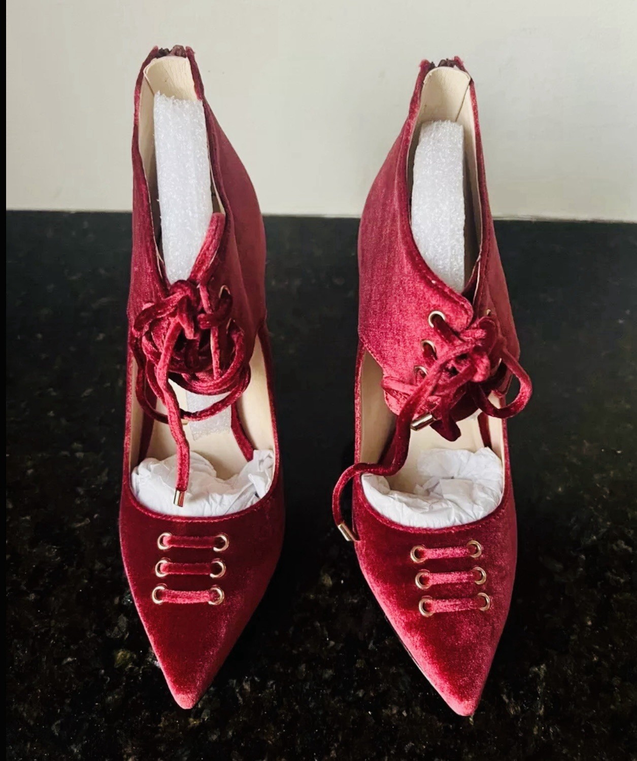 VINTAGE – Women’s Burgundy Suede Pointed Toe Lace-Up Stiletto Pumps Ankle Strap