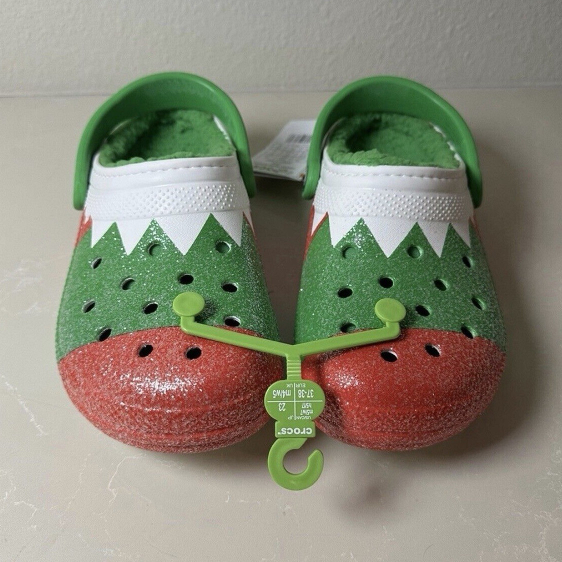 Crocs Classic Lined Holiday Clog Lined Glitter Green/Red/White W7/M5 Slip On