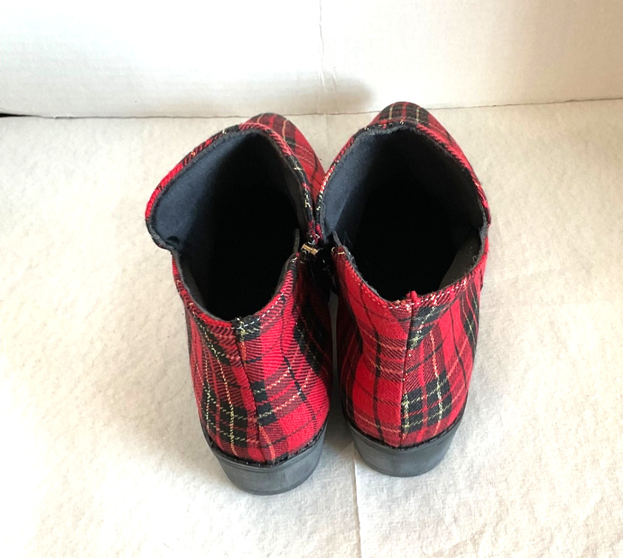 Women Red and Black Plaid Ankle Boots With Side Zipper and Thick Heel 41/ US L