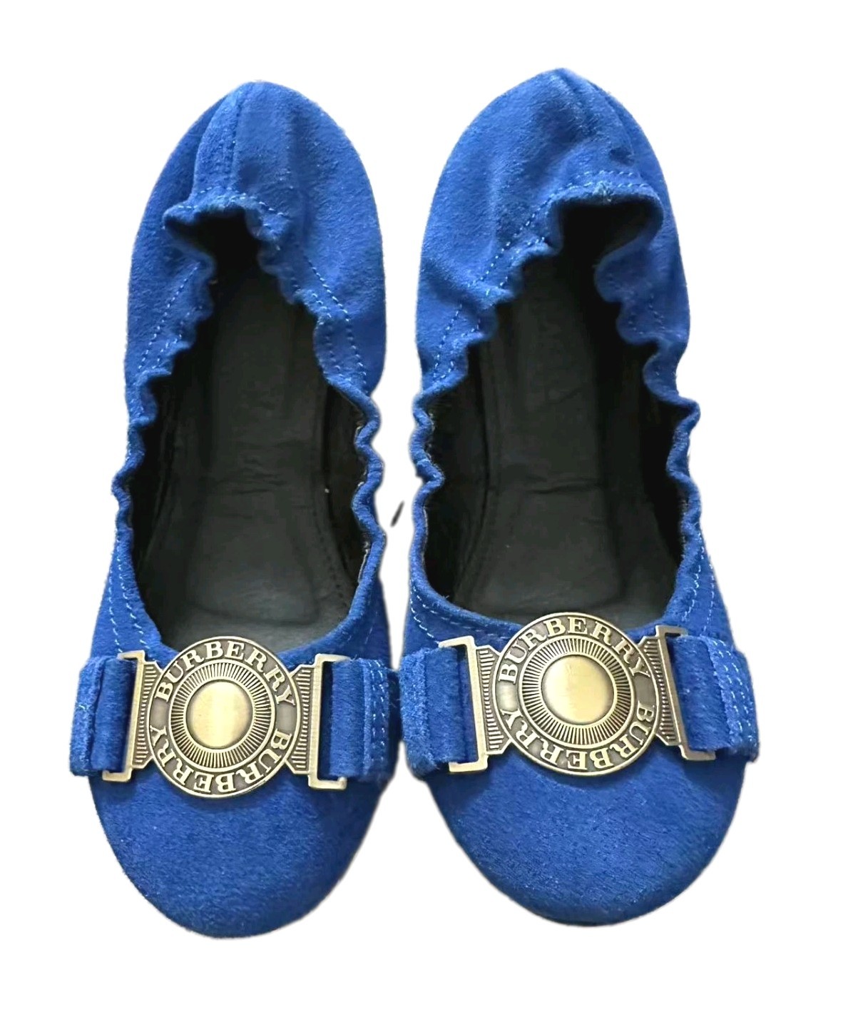 Burberry Blue Suede Ballet Flats Gold Logo Plaque Elastic Slip On Shoes 38