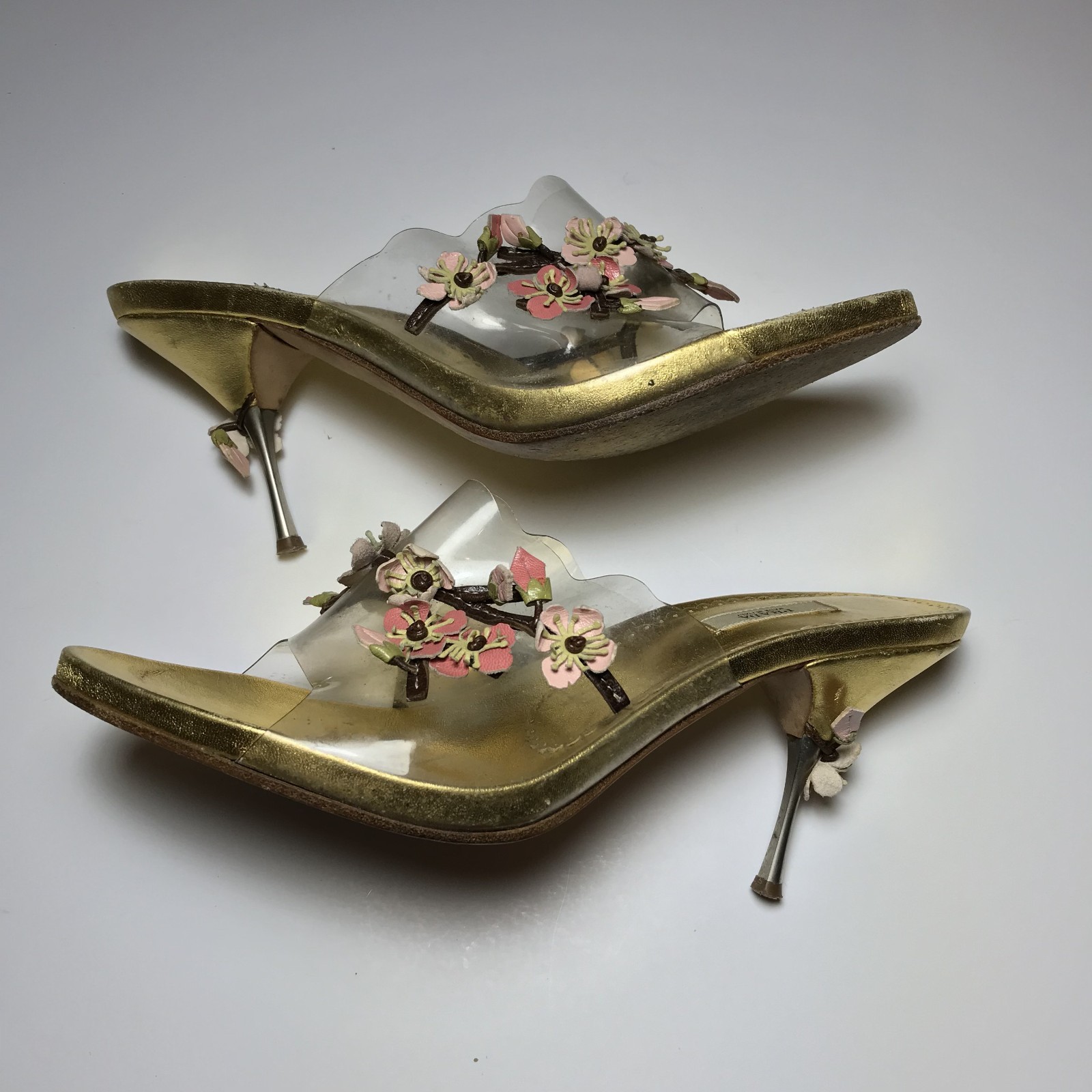 Prada Vintage Y2K Geisha Cherry Blossom Floral Applique Gold PVC Mules 38