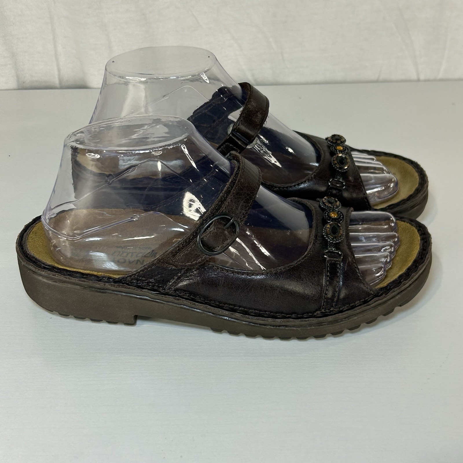 Naot Sandals Sz 7.5 38 Johanna Leather Brown Metallic Slides Beaded Shoes Israel