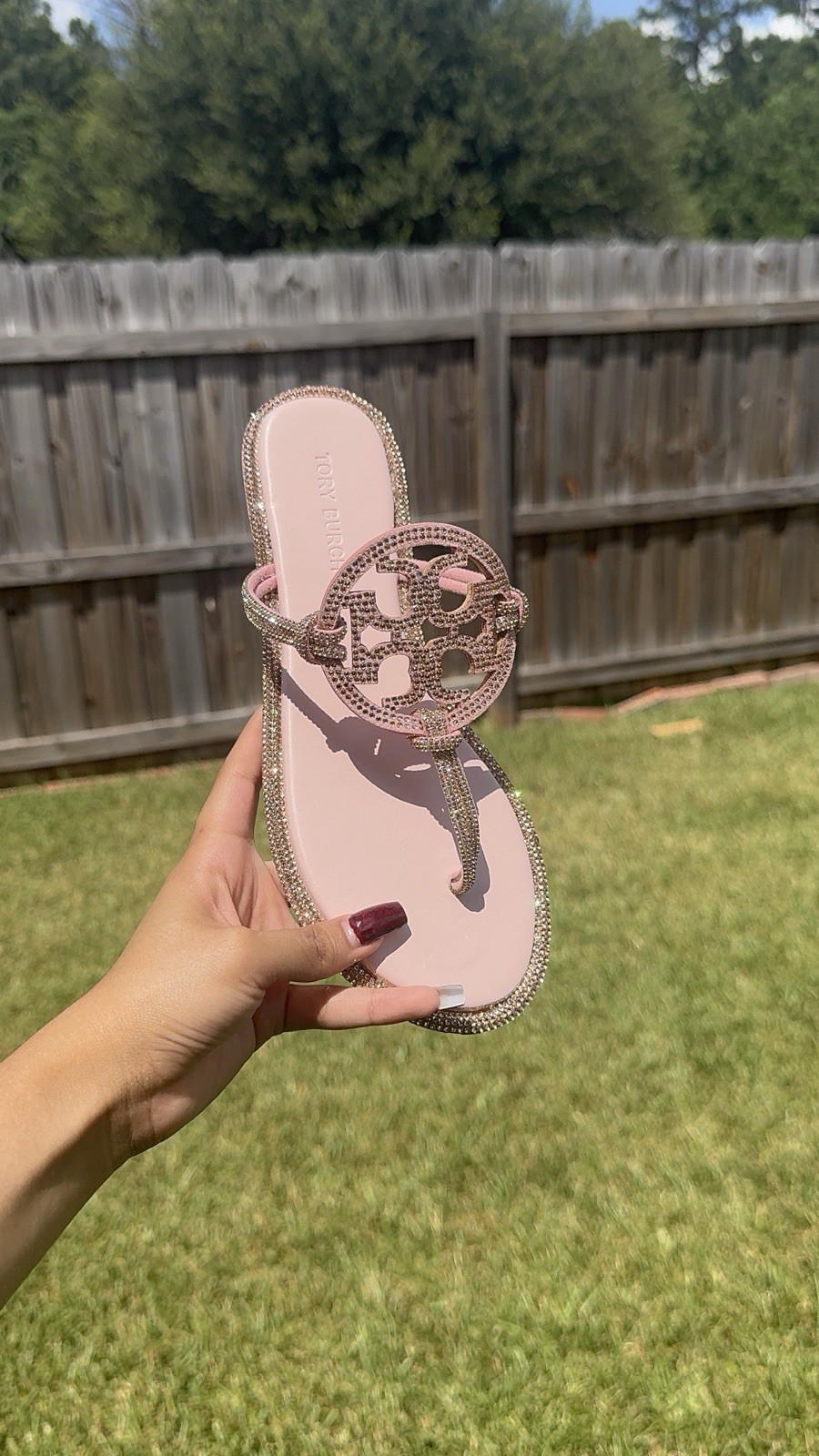 Tory Burch Women’s US 6 Pink Leather Thong Slip-On Sandals Rhinestone