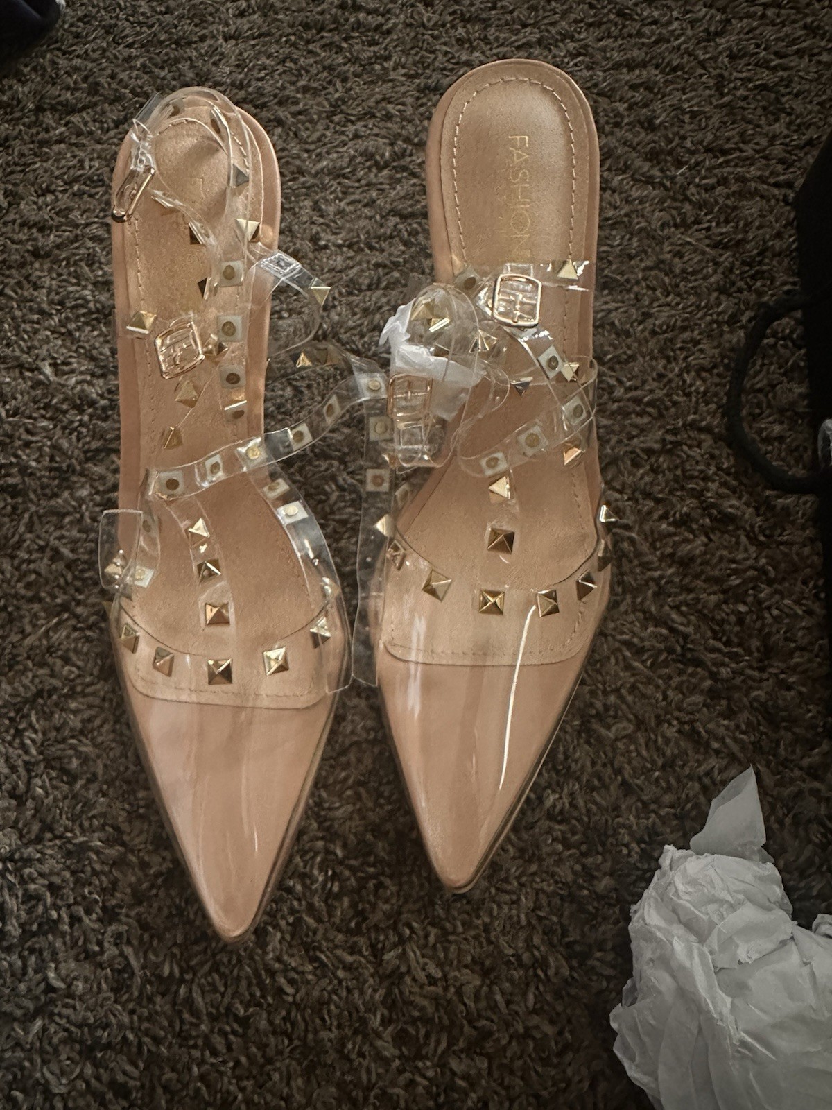 Fashion Nova Beige/Clear/Gold Studded Pointed Toe Ankle Strap Heels 10
