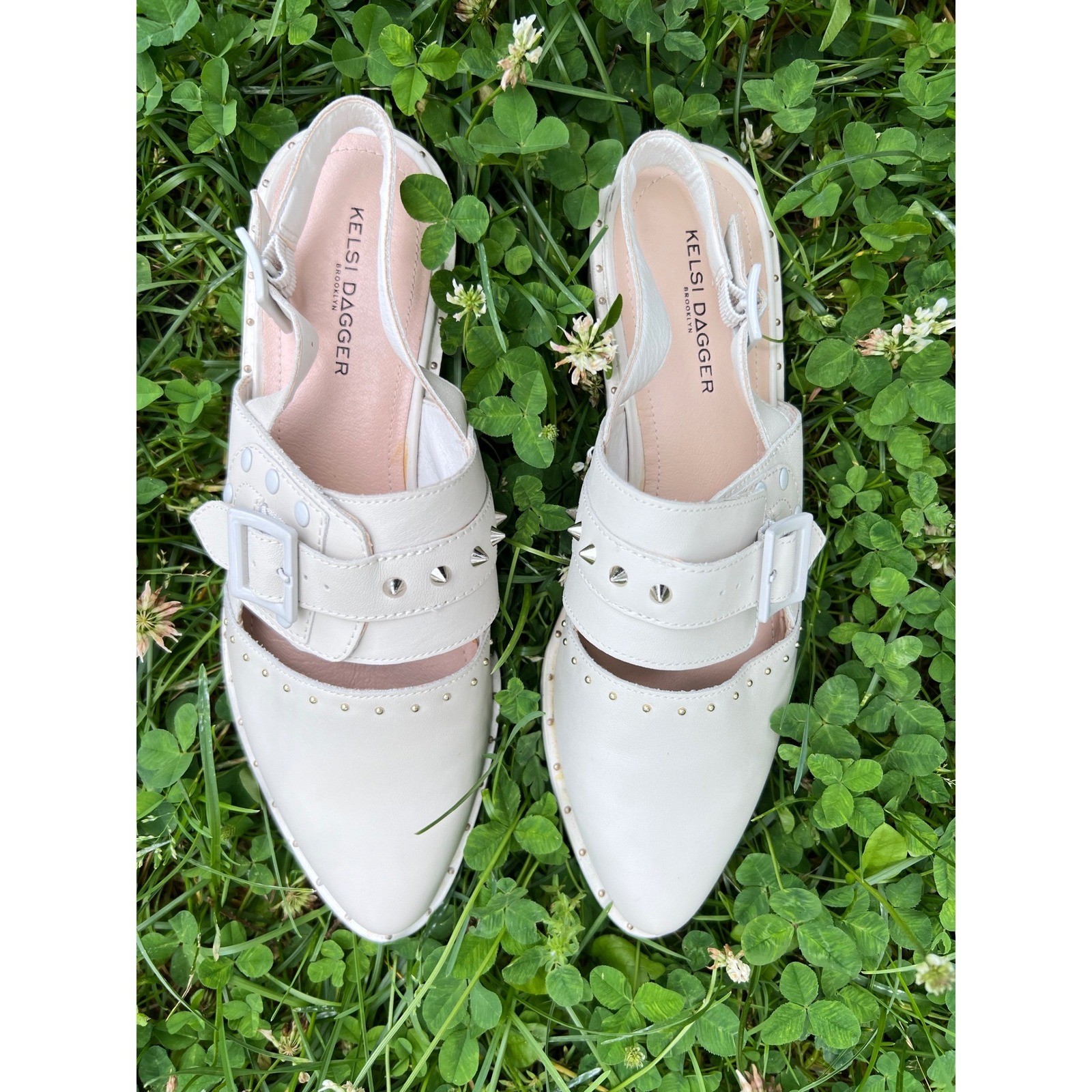 KELSI DAGGER Brooklyn Alex Studded Leather Slingback Low Wedge Flats Ivory 9 NWT