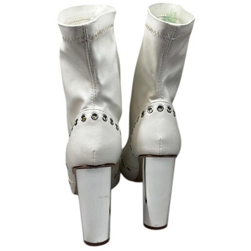 WILD DIVA Pointed Toe Studded Sock Boots Block 4″ Heel White Womens 8.5 Festival