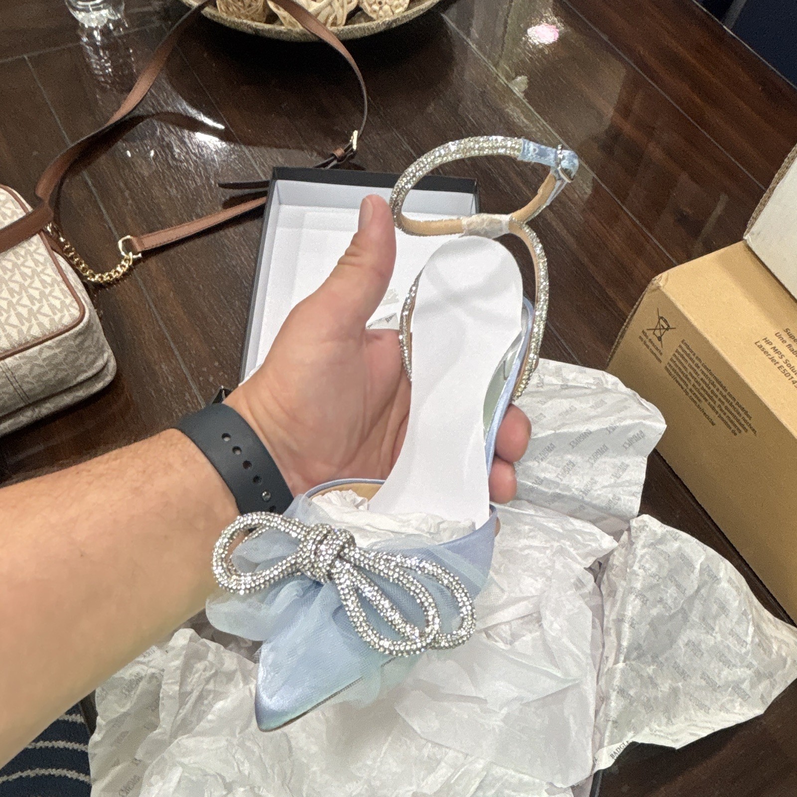 Badgley Mischka Blue Leather Pointed Toe Crystal Bow Ankle Strap Heels 5