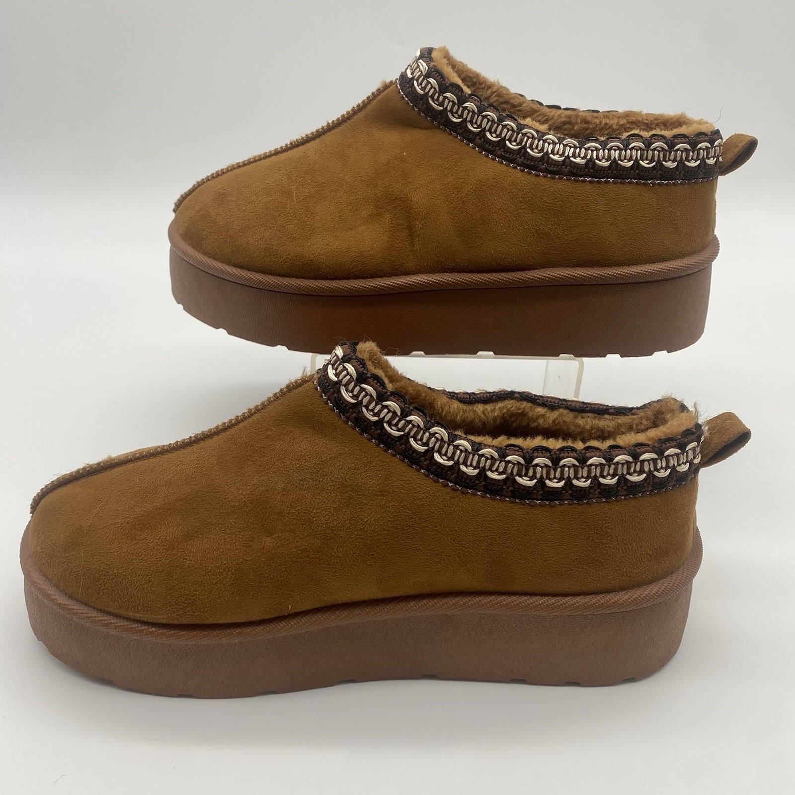 Halston Womens Slip-On Mules Cognac Faux Suede Size 7 Warm Winter Platform Slip