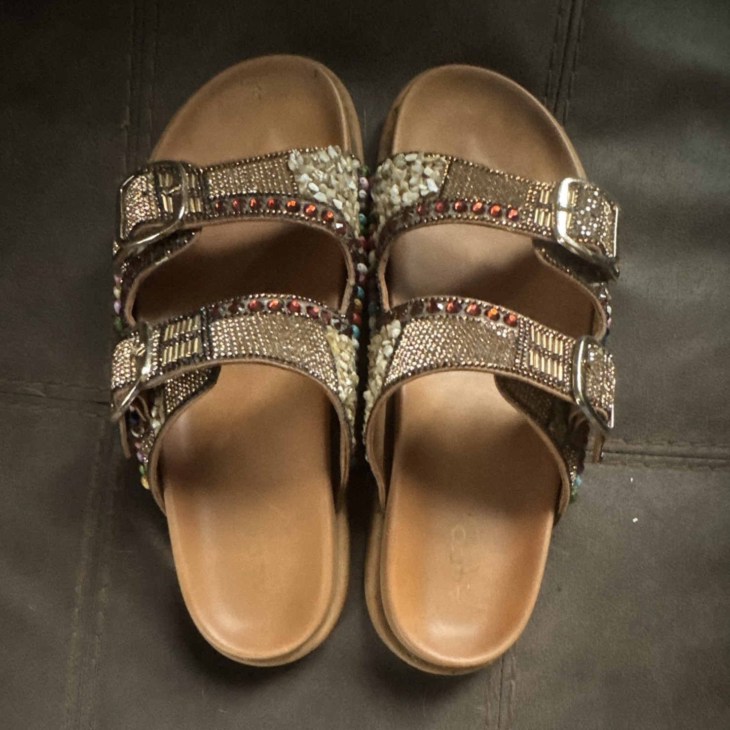 Aldo Leather Slide Sandals Gold/Multicolor Beaded Rhinestone Double Buckle