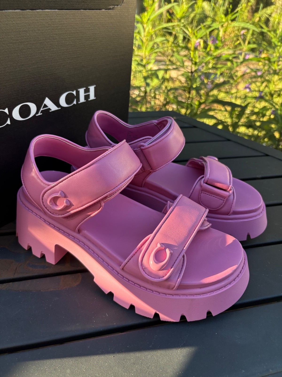 NIB! COACH Brynn Buckled Leather Platform Sandals 6.5 FUCHSIA