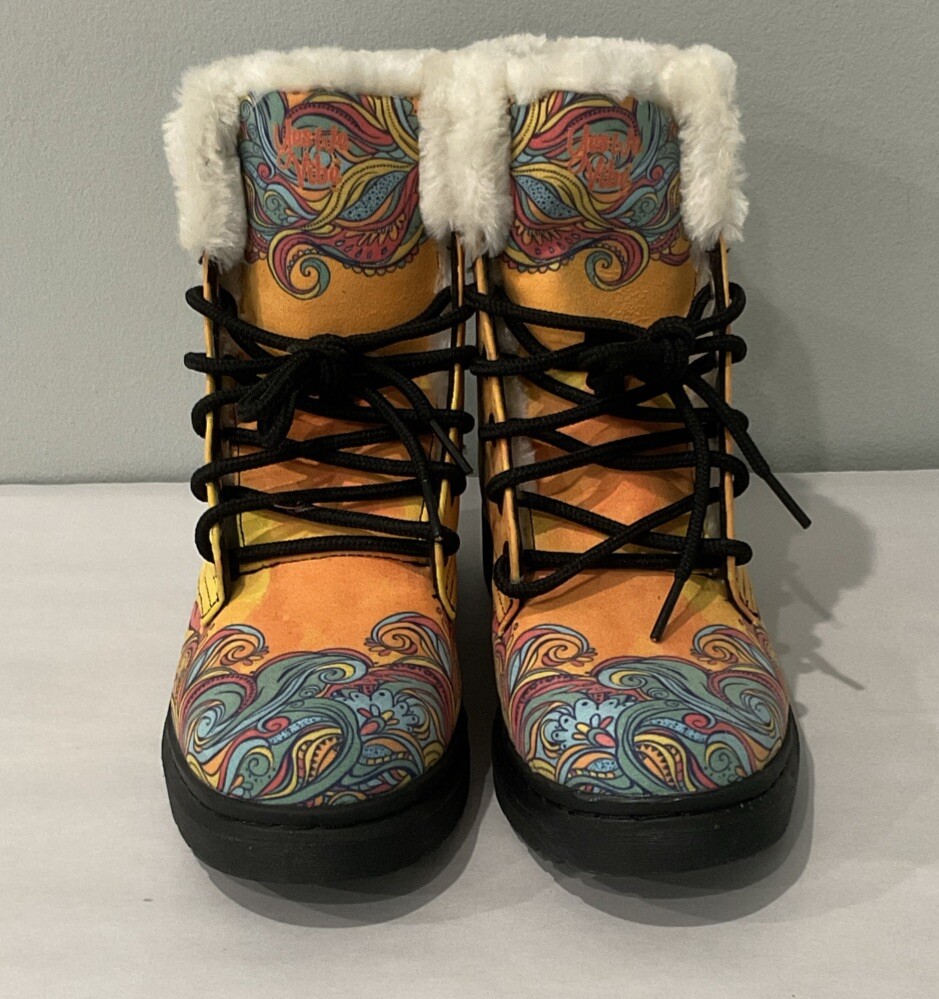 YES WE VIBE Women 6.5 Men 5 Combat Biker Hippie Boho Gothic Boots Peace Sign