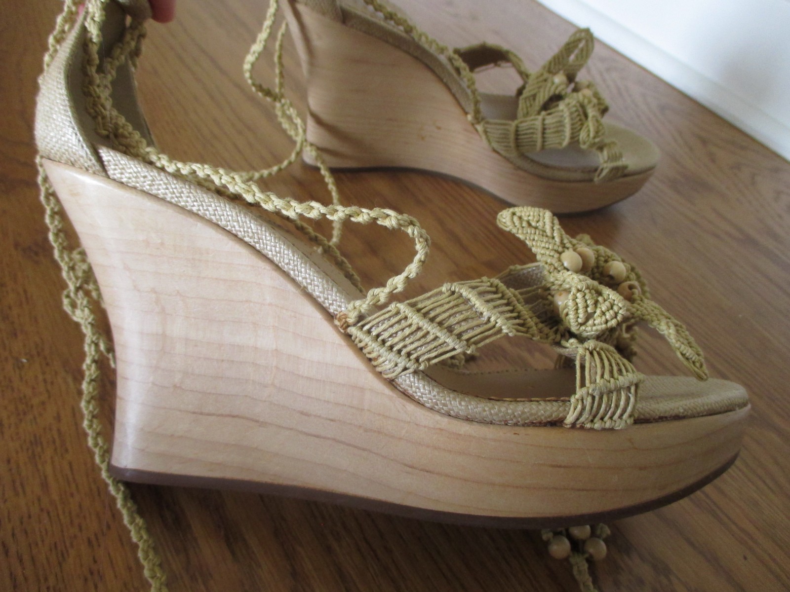 STELLA MCCARTNEY Women Raffia LACE UP Flower WEDGE Sandals Platform Bead 39.5