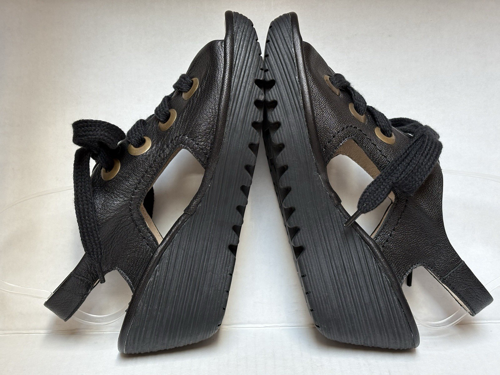 FLY London YLVA Women’s 38/7.5M Blk Leather Lace Up Wedge Slingback Sandals ~NEW