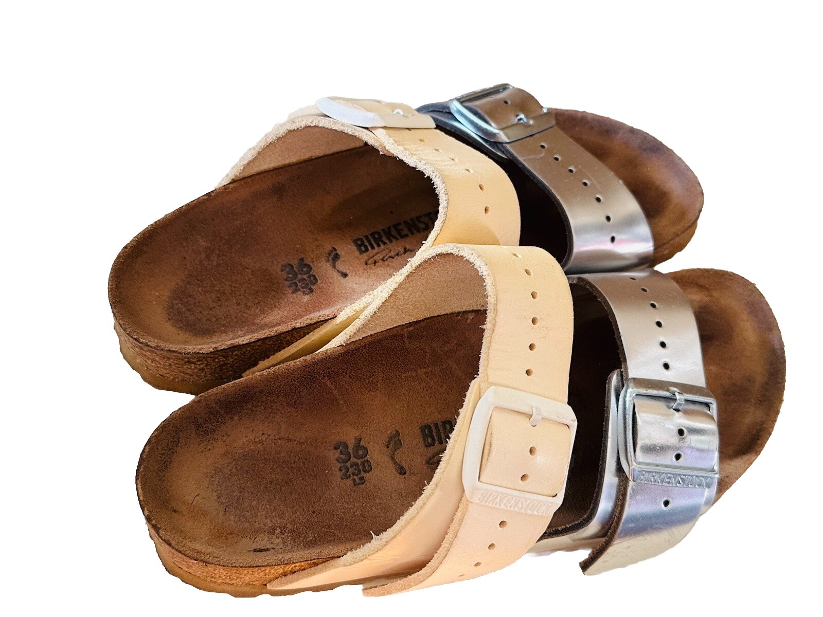 RICK OWENS + BIRKENSTOCK ARIZONA SANDALS LEATHER BEIGE SILVER WOMEN SZ 36 /US 5