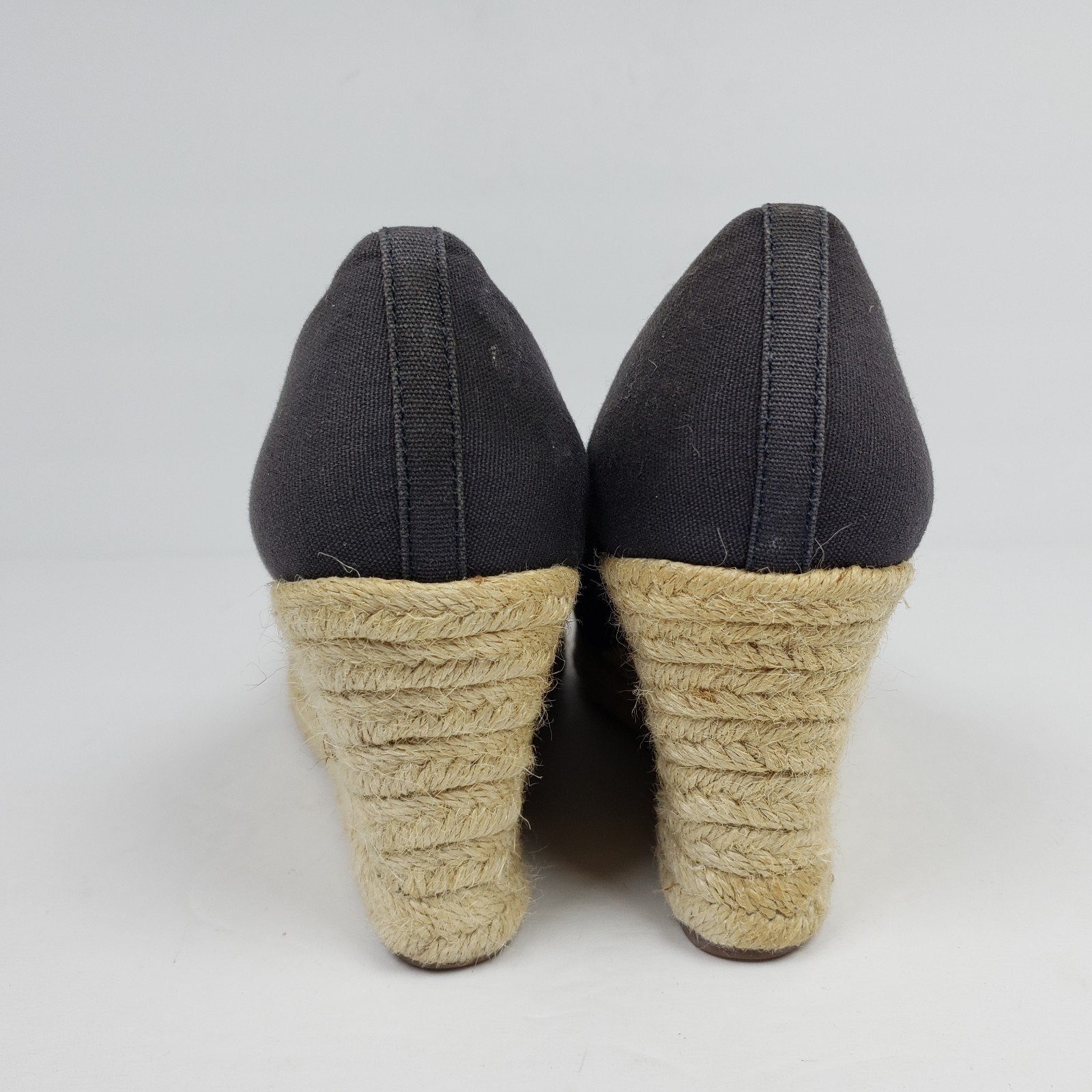 J Crew Womens Sz 7.5 Blue Canvas Slip On 3.25″ Heel Espadrille Wedge Pumps Shoes