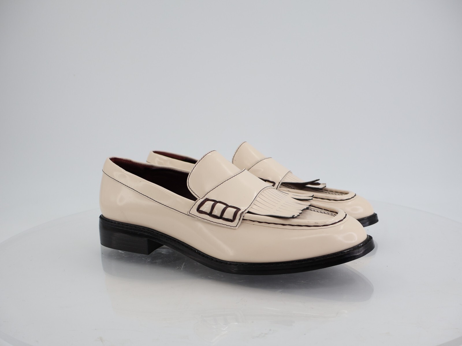 Franco Sarto Alonzo Penny Loafer Slip on Shoes Size 9 Beige Black Patent Vegan