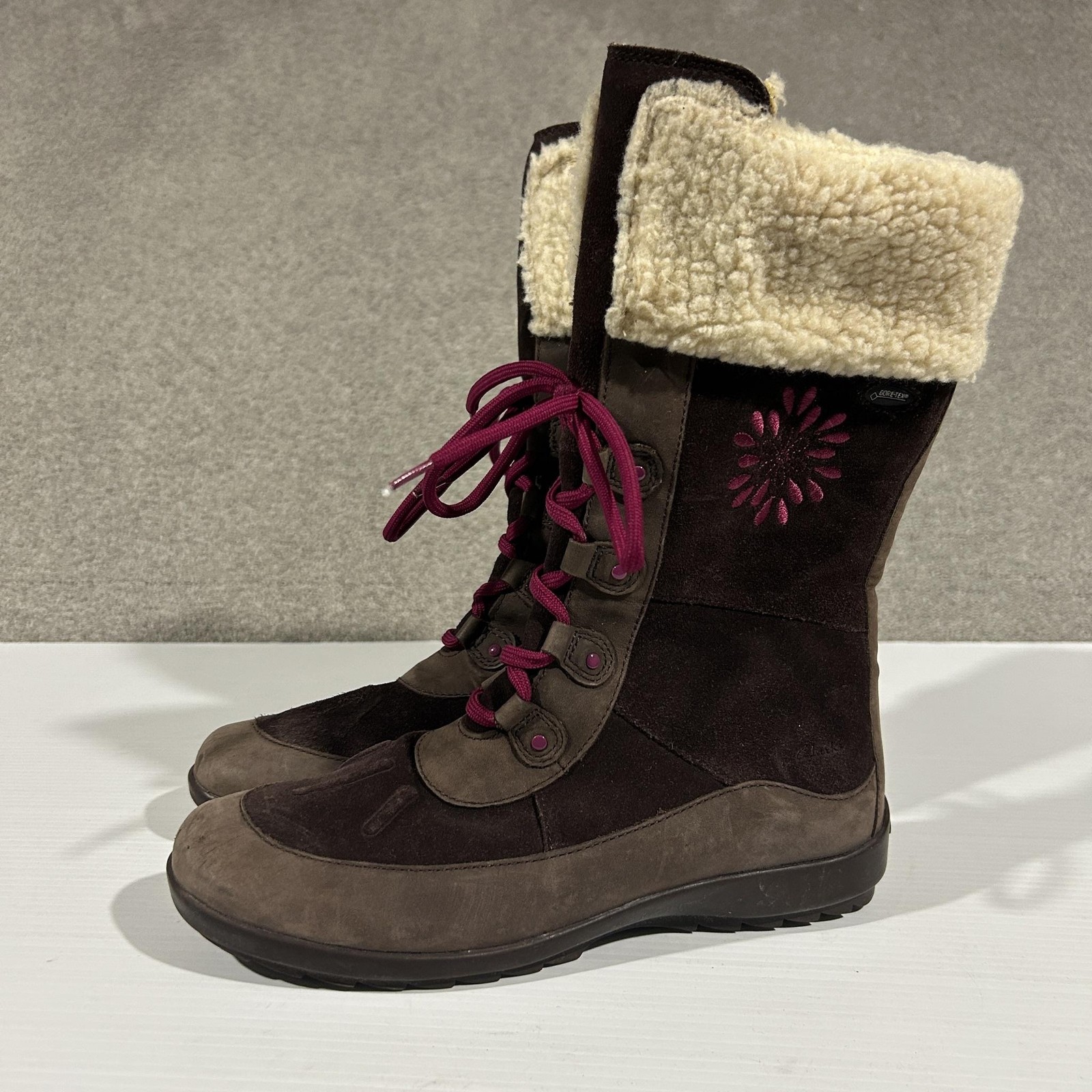 Clarks Arlina Sky Boots Womens AU 6 EU 37 Brown Suede Fur Gore Tex Snow Winter