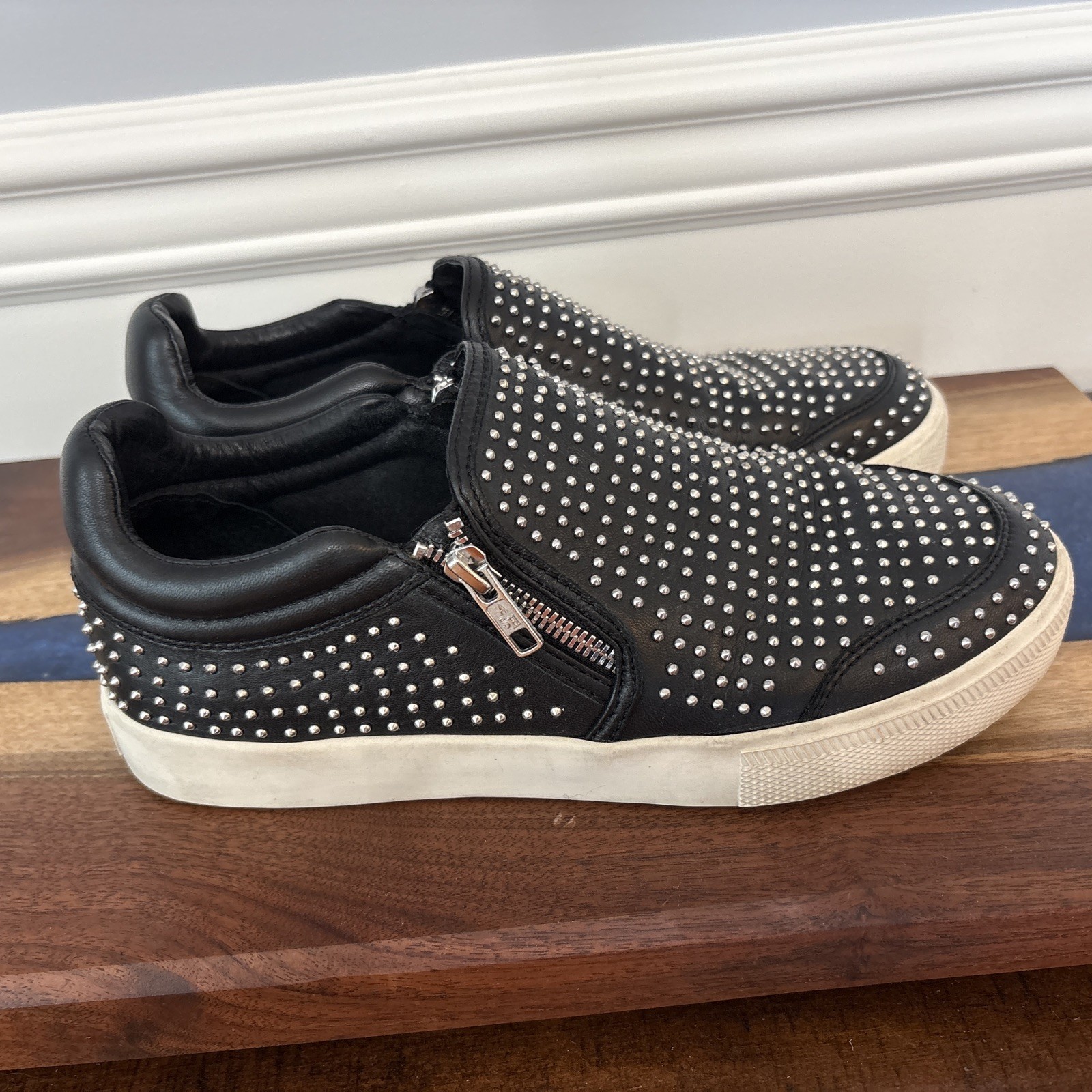 Ash IMAN Studded Sneaker Double Zip Black Leather/White/Silver Size 40 US 9.5-10