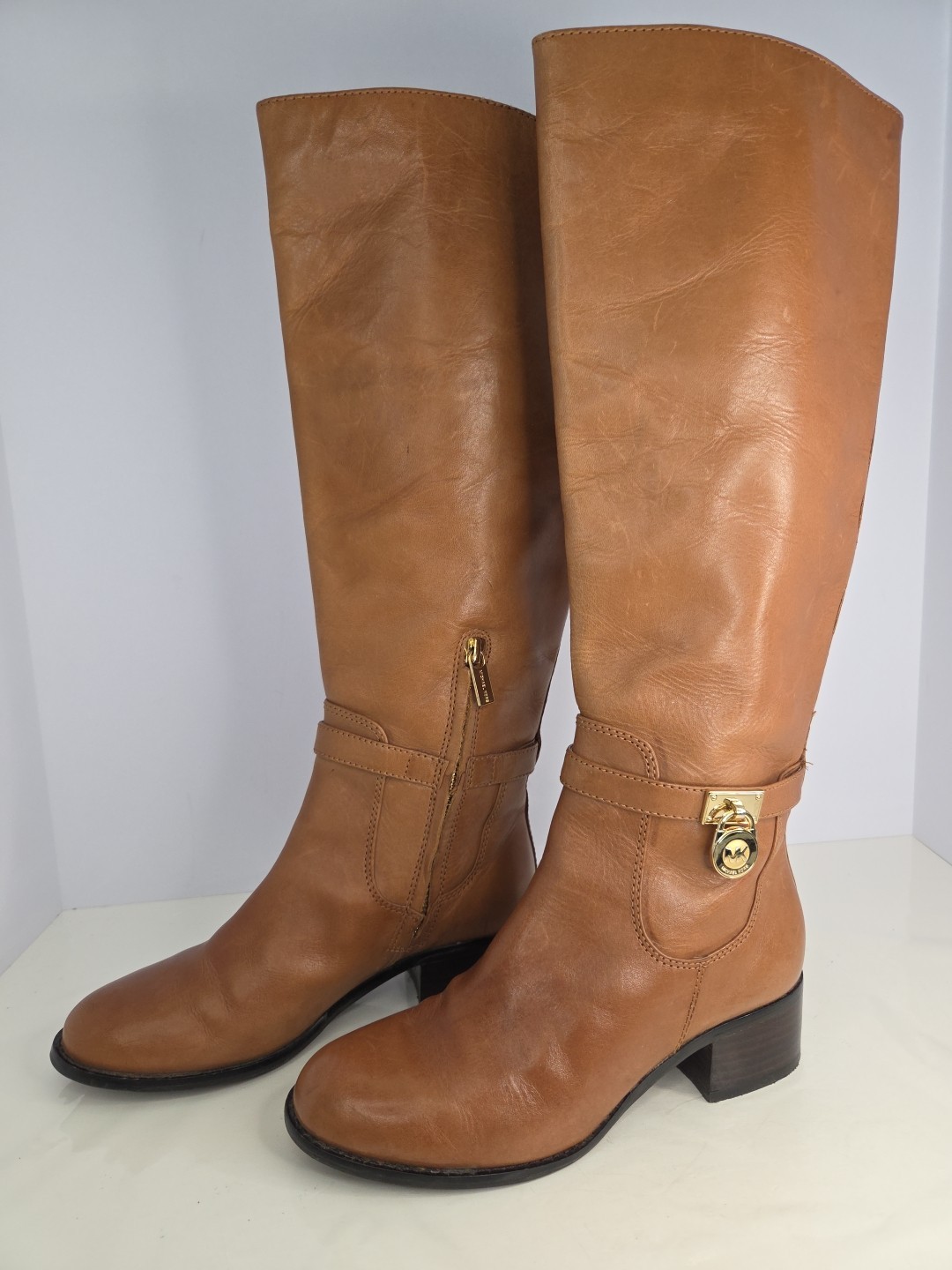 Michael Kors Hamilton Luggage Riding Boots Smooth Camel Colored Leather Sz 5.5 M