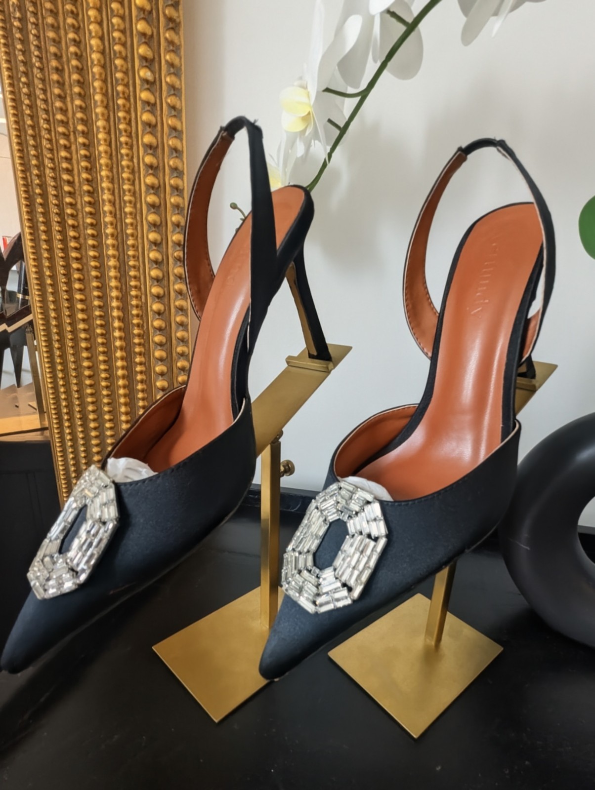 Vertundy Women’s Black Slingback Pointed Toe Stiletto Heels Rhinestone Buckle