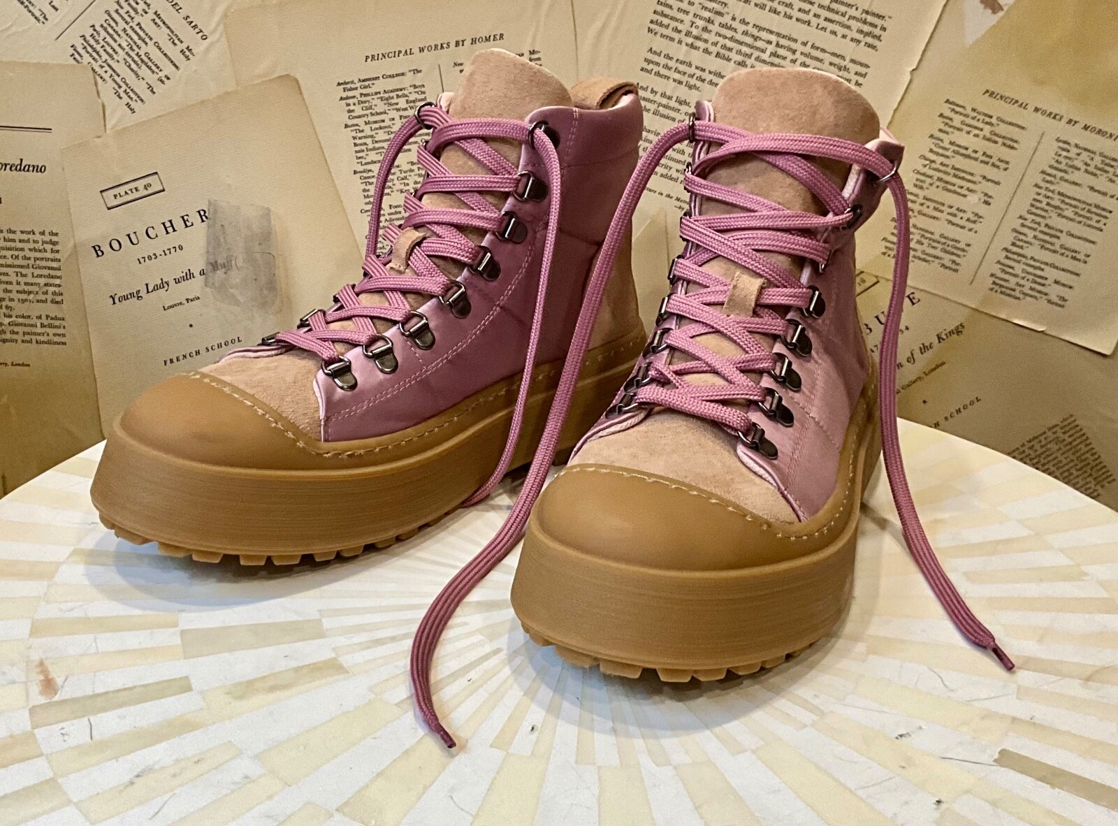 Anthropologie Maeve Hiker Boot Pink Satin Tan Suede Rubber Lace Up 40/ 9-9.5 NEW