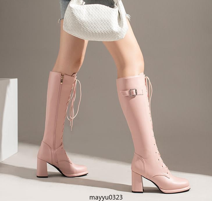 Round Toe Chunky High Heel Platform Buckle Lace-up Zip Knee High Boots Shoes New