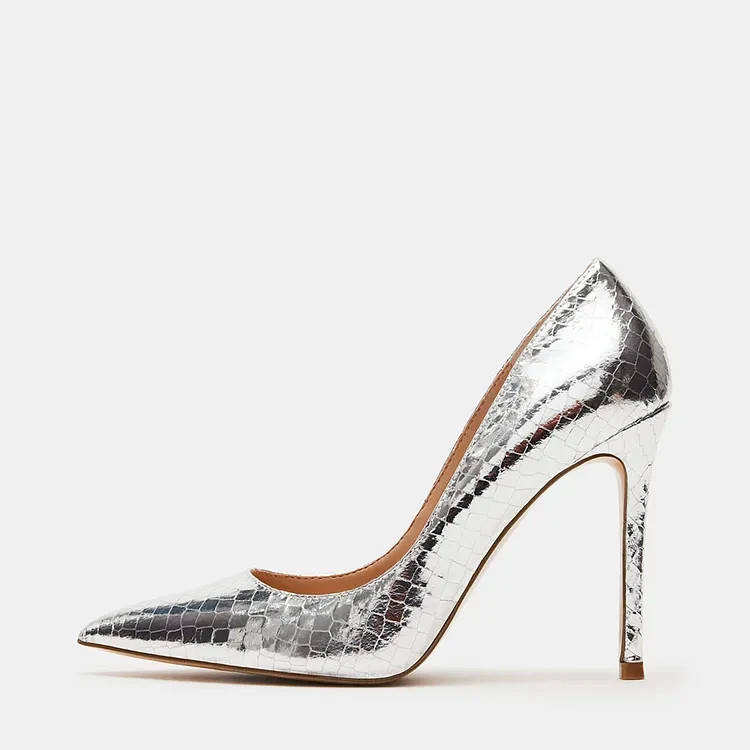 Silver Textured Metallic Heels Pointed Toe Pumps Shoes for Women FSJ202312184