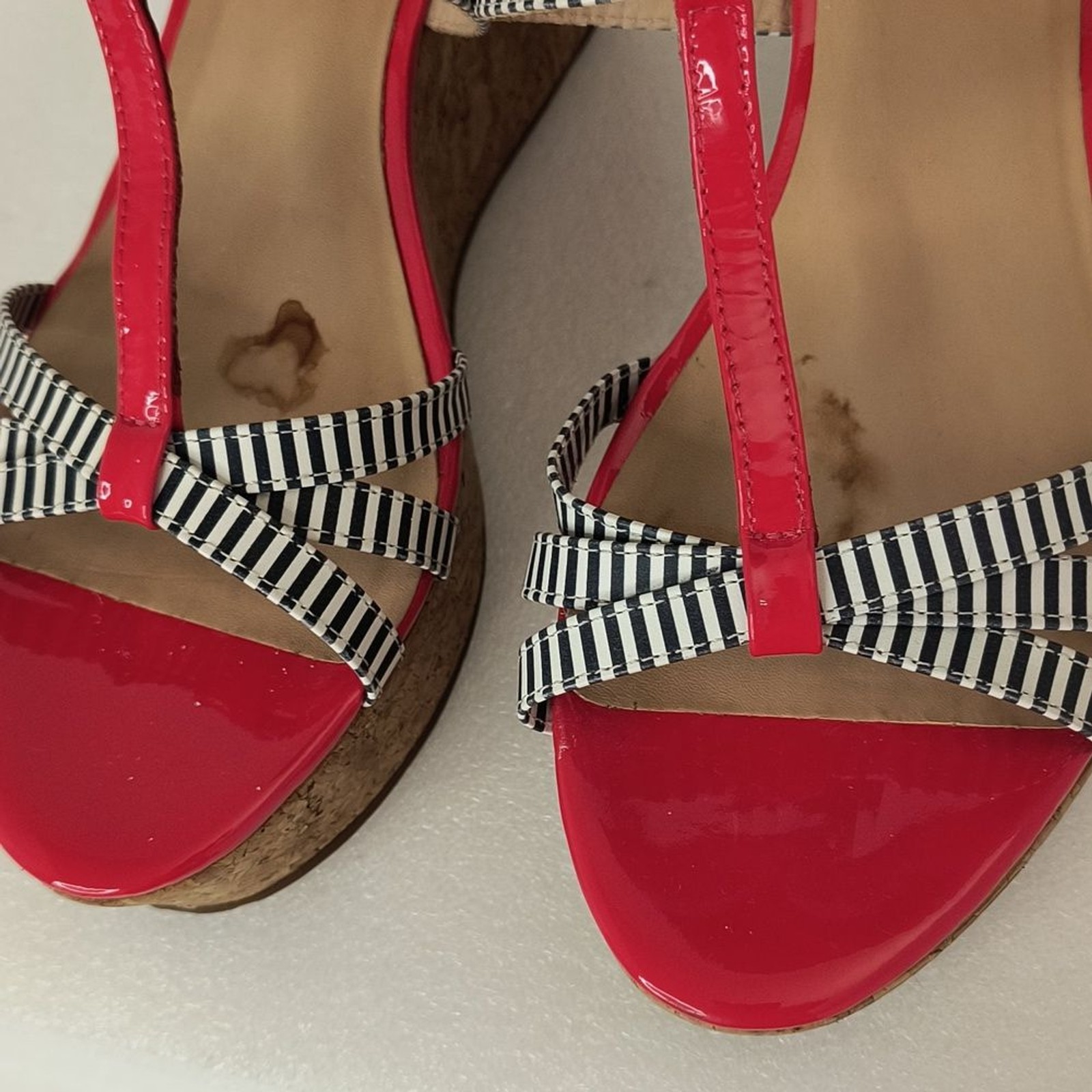 Kate Spade Tropez Striped Patent Leather Cork Wedges Sandal sz: 8.5M