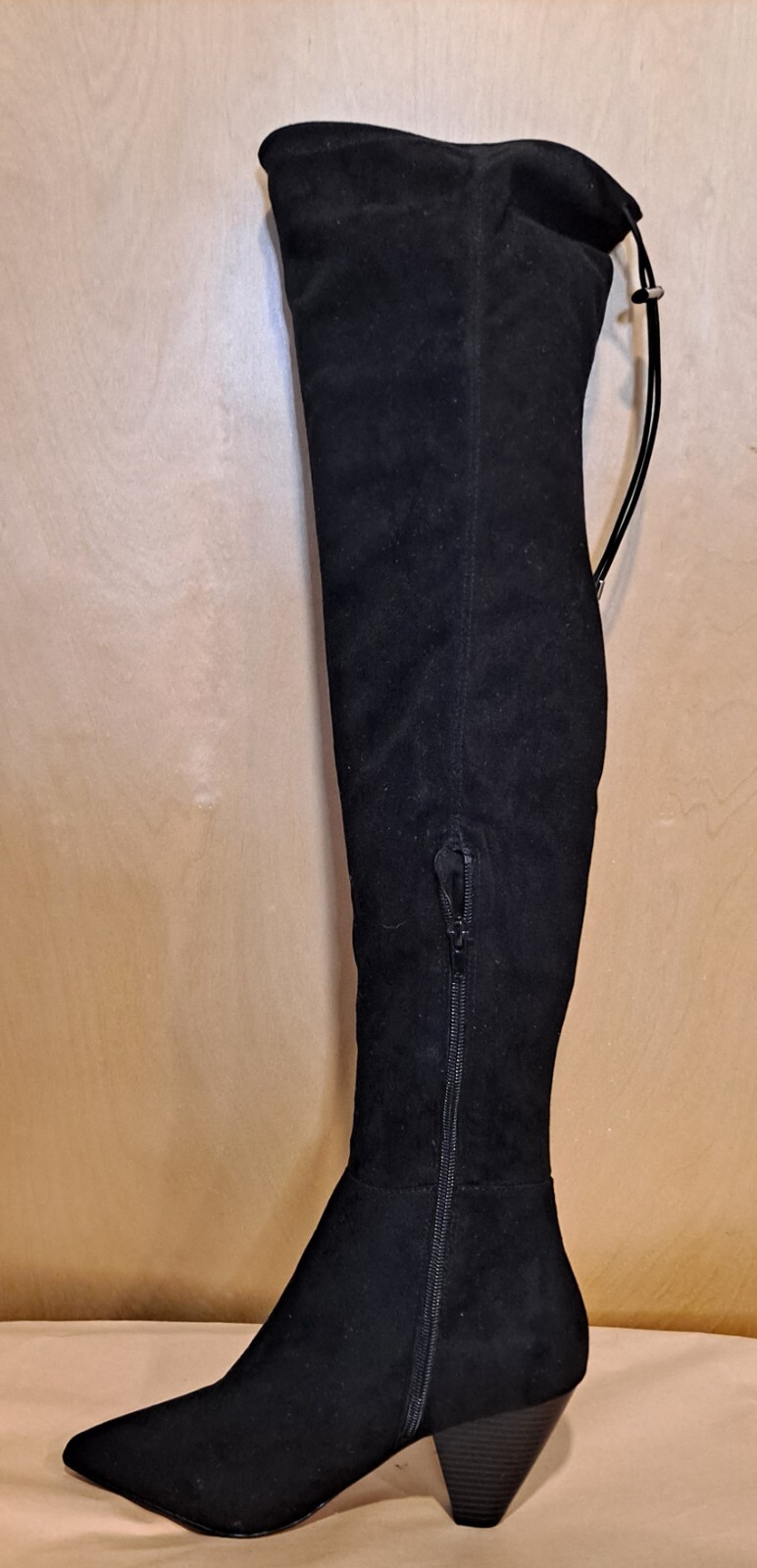 NWOT ASOS Black Faux Suede Above Knee Cone Heel Skinny Zip Up Boots Size 8.5