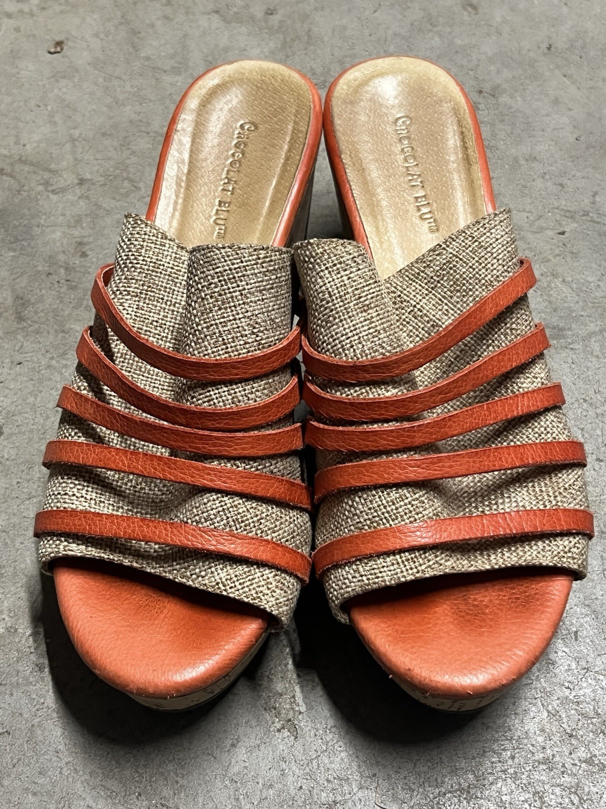 RARE Chocolate Blu Wapi orange & beige woven textile leather wedge sandals 8 M