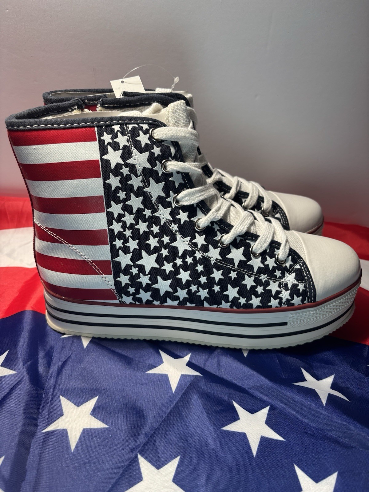 SHEIKH AMERICAN FLAG PLATFORM HIGH TOP SNEAKERS SIZE 10 USA STARS STRIPES