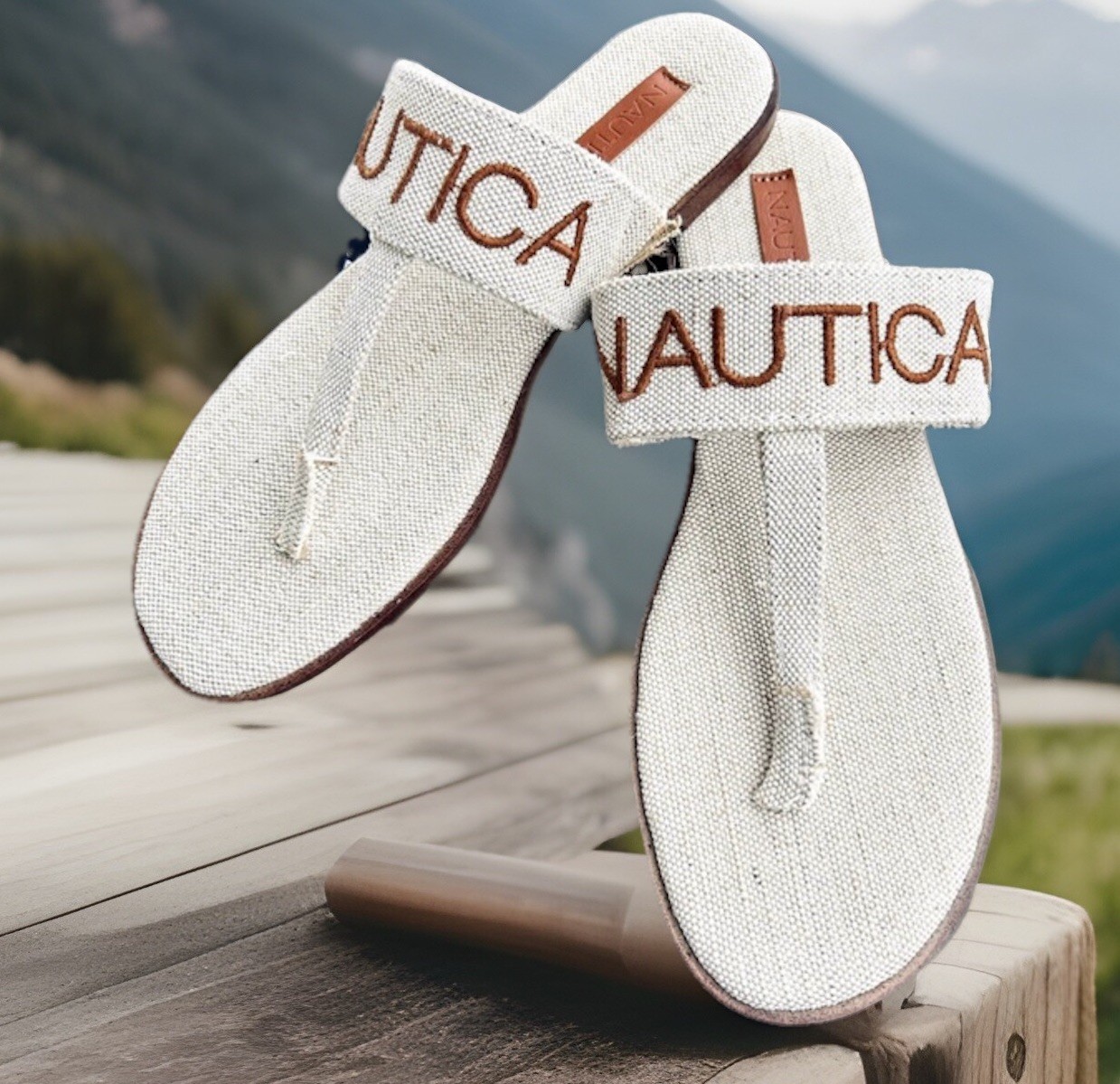 Nautica Natural Fabric Upper T-Thong Slip Resistant TPR OutSole Flat Sandals NEW