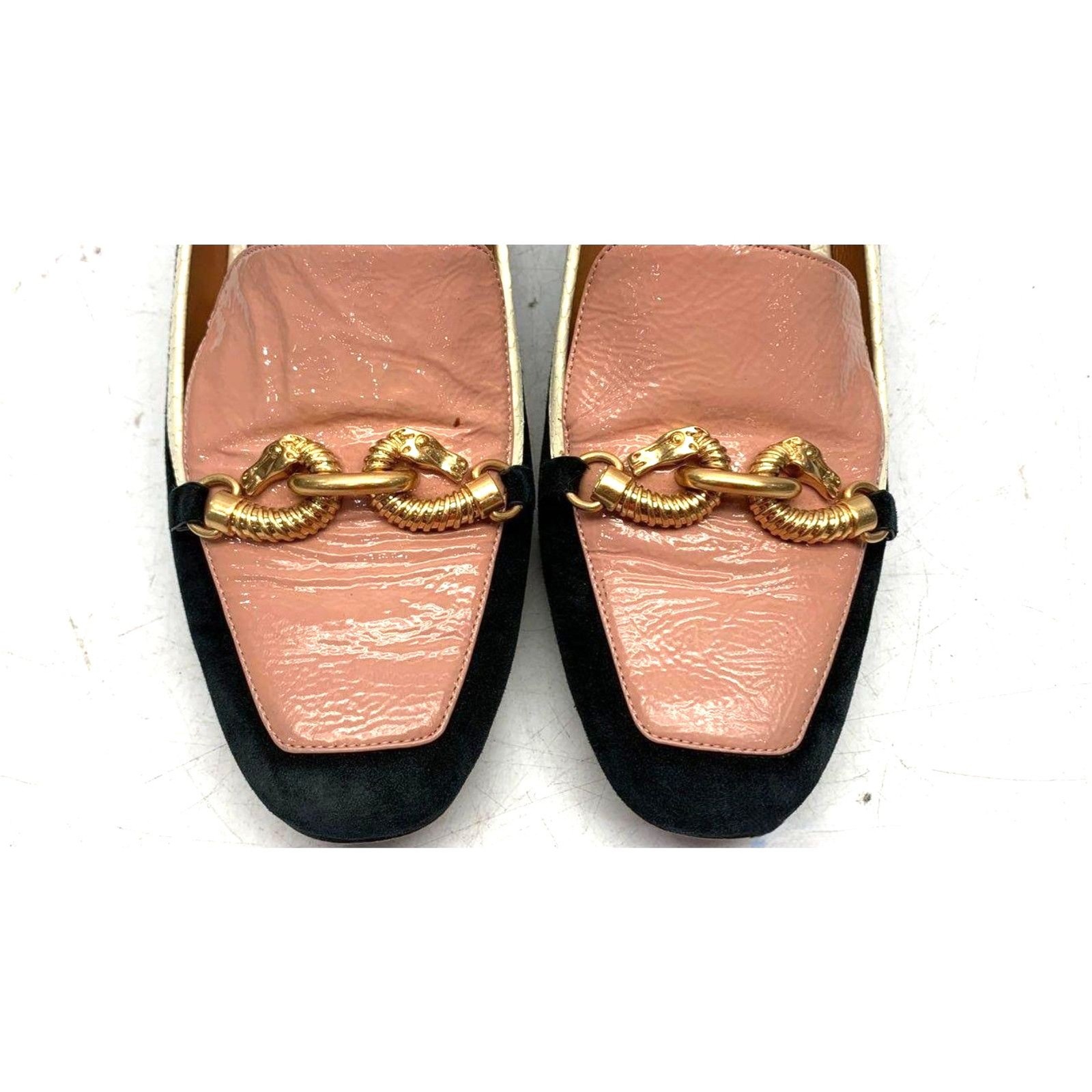 Tory Burch Jessa Loafer Pumps Suede Patent Leather Gold Chain Pink Black 10M