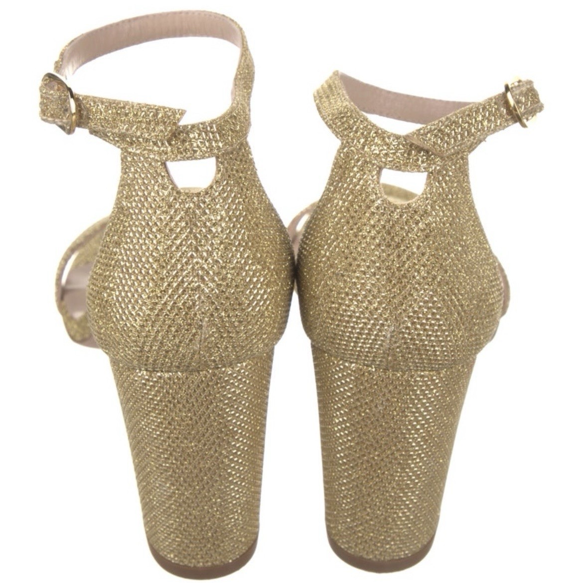 Stuart Weitzman Nearlynude Block Heel Sandal in Gold Glitter Lame Fabric 6.5