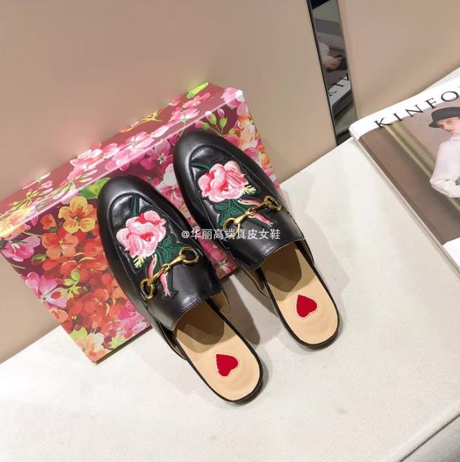Women Leather Slippers Embrodiery Mules Princetown Horsebit Mules Shoes 35-42
