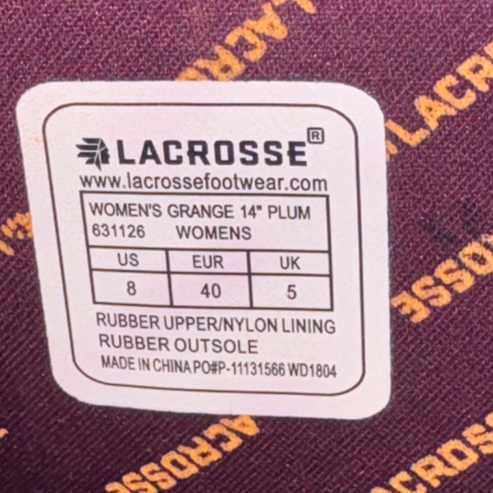 LaCrosse Grange Rain Boots Womens 8 Plum Purple 14 Inch Waterproof Rubber 631126