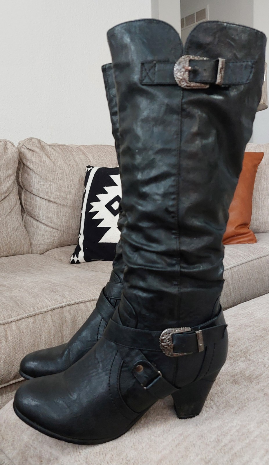 Womens Pierre Dumas Black Vegan Leather Slouch Boots Buckles Mid Calf Biker Boot