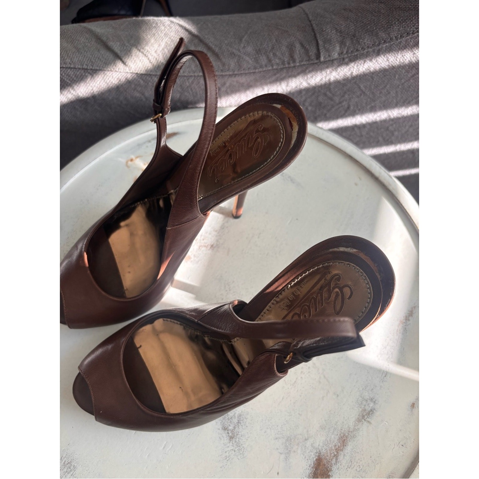 Gucci Brown Leather Peep-Toe Slingback Stiletto Heels