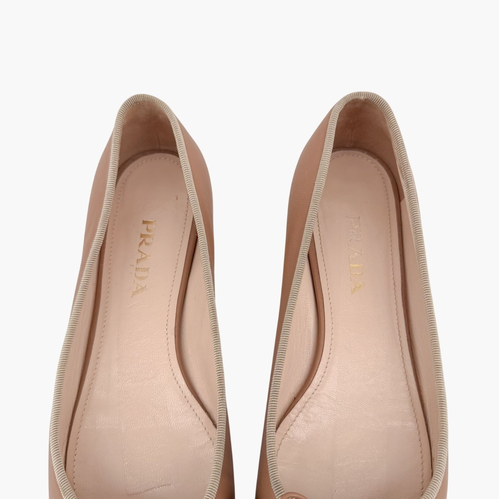 Prada Beige Black Cap Toe Logo Ballet Flats Leather Size 38 US 8 Women Two Tone