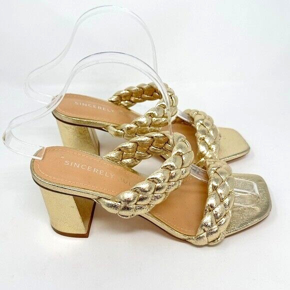 Sincerely Jules IRIS Braided Sandal Metallic Gold Square Toe Slip On Heel 7.5