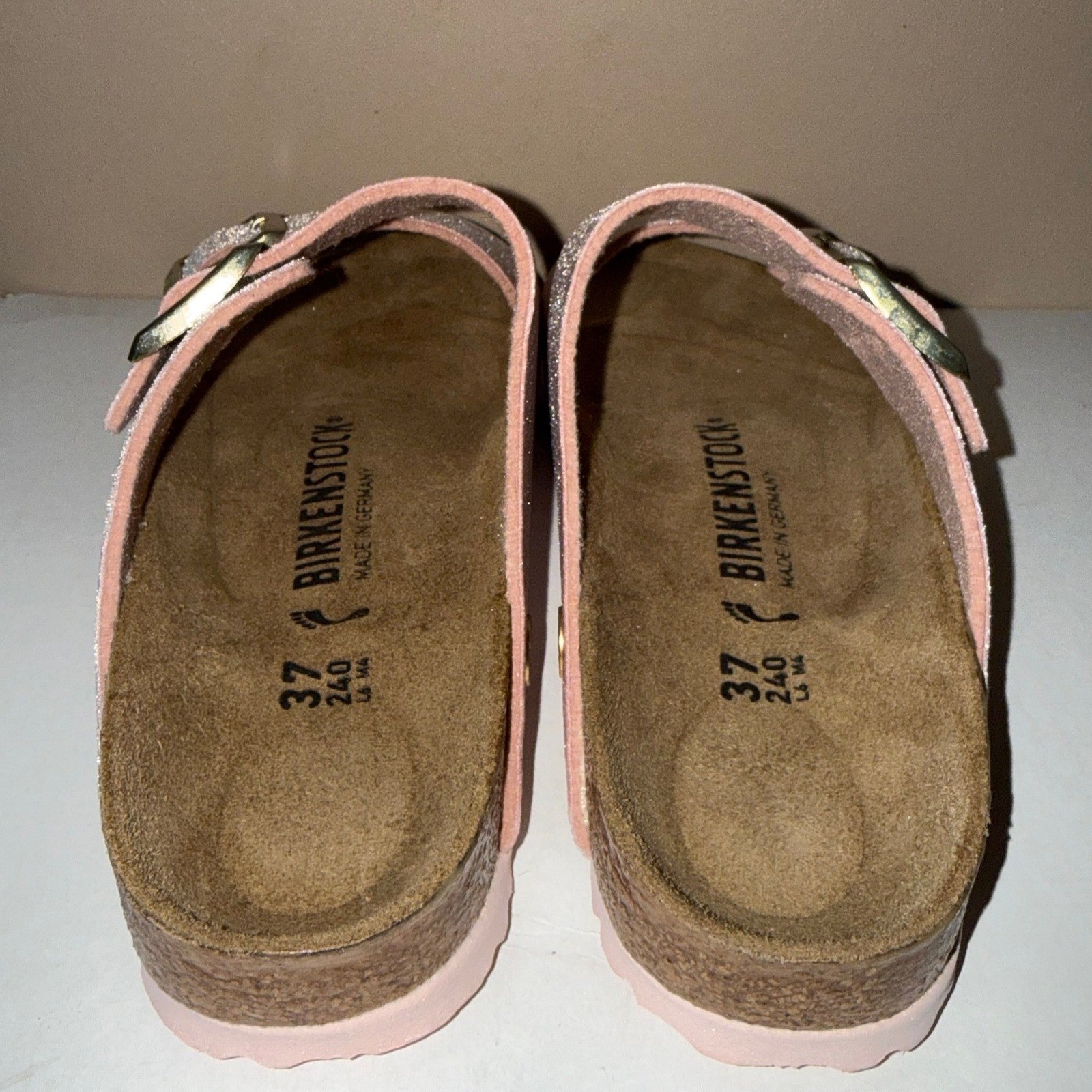Birkenstock Arizona Rivet Logo Light Rose Pink Velvet Shimmer Sandals 37 Narrow