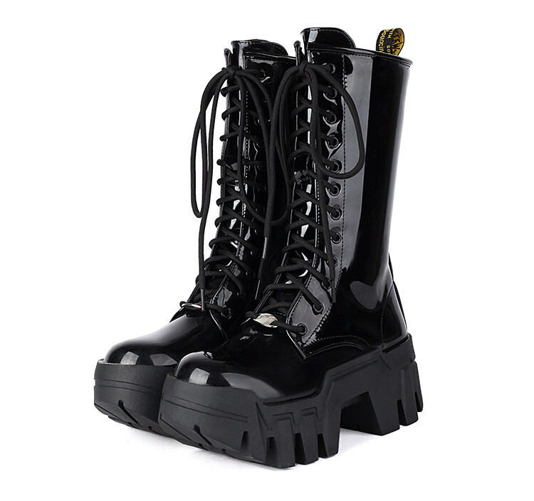 Gothic Women’s Platform Chunky Thick Sole Mid Calf Heel Boots Shiny Leather Punk